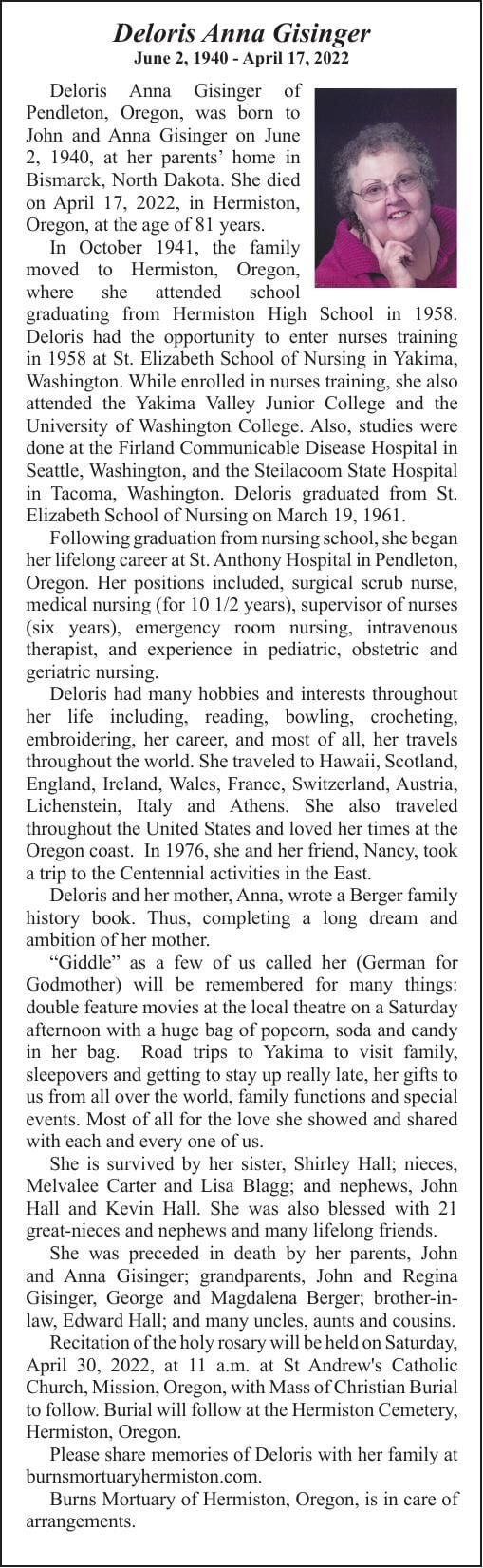 Obituary: Deloris Anna Gisinger, June 2, 1940 - April 17, 2022