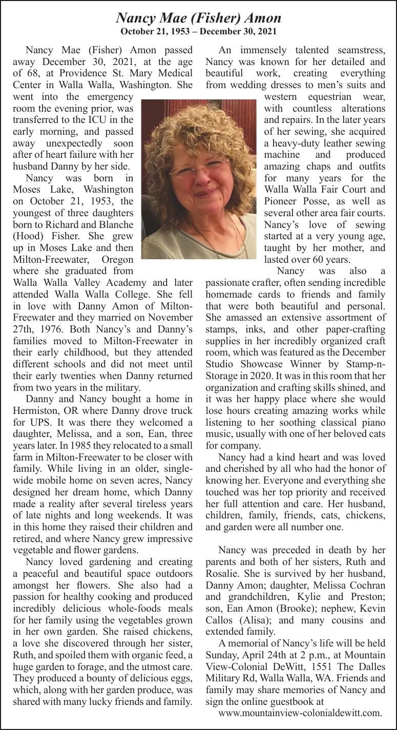 Obituary: Nancy Mae (Fisher) Amon, October 21, 1953 – December 30, 2021 ...