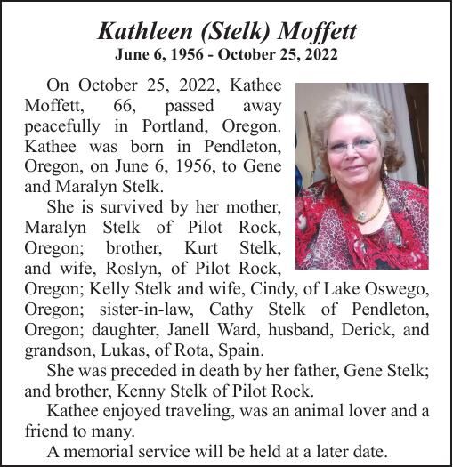 Obituary Kathleen (Stelk) Moffett, June 6, 1956 October 25, 2022