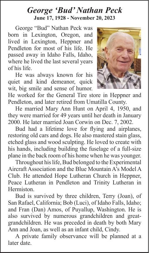 Obituary: George ‘Bud’ Nathan Peck, June 17, 1928 - November 20, 2023 ...