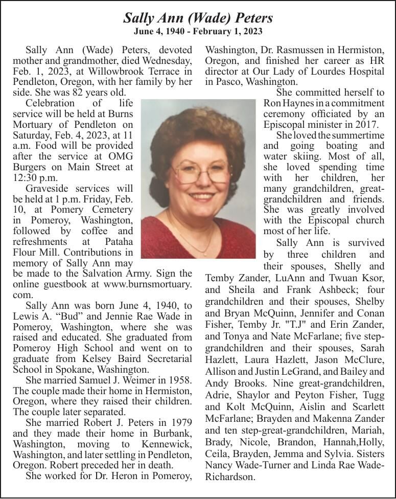 Obituary: Sally Ann (Wade) Peters, June 4, 1940 - February 1, 2023 ...