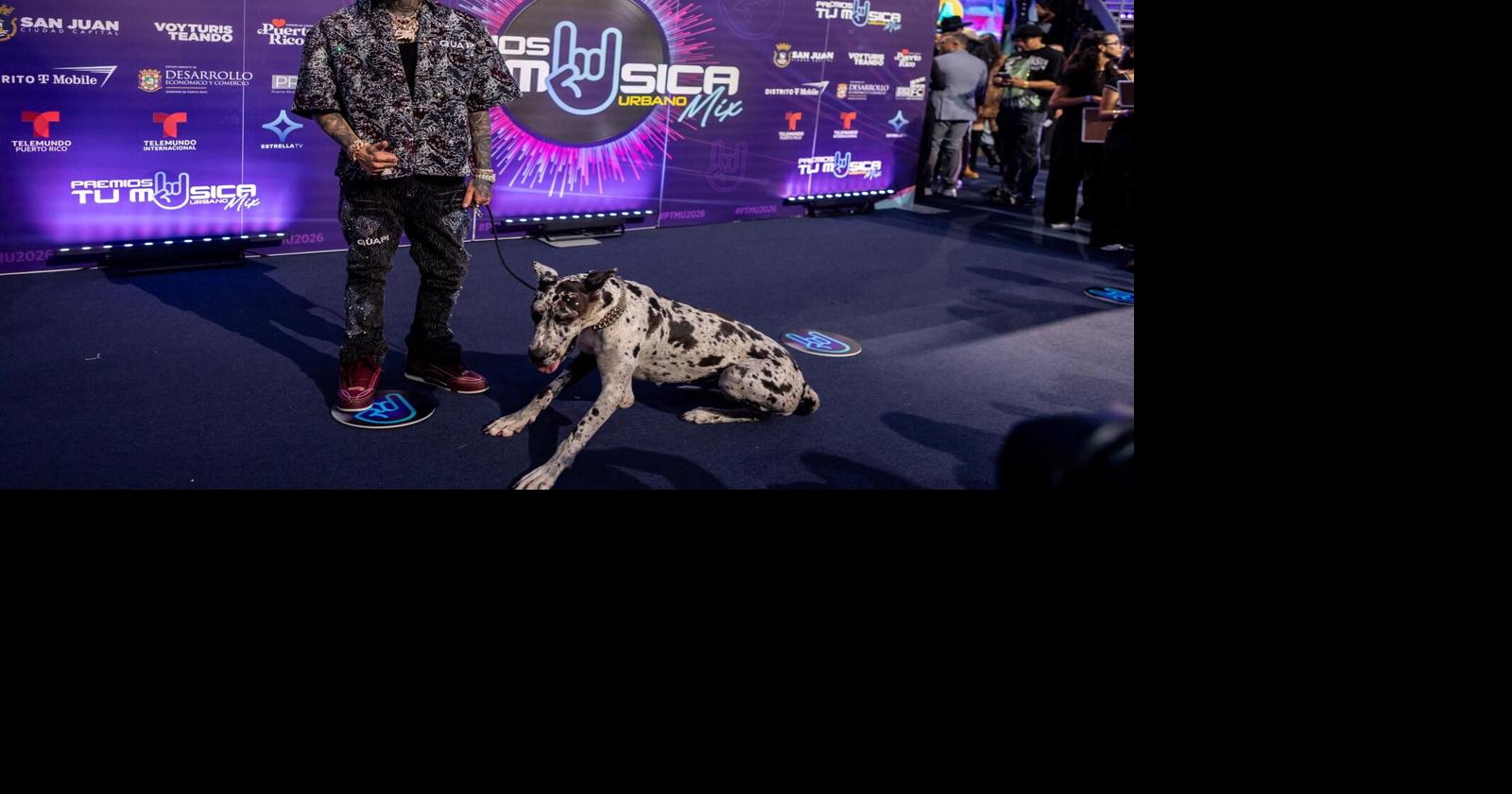 Luar La L desfila en alfombra azul de Premios Tu Música Urbano Mix con su mascota Khalifa