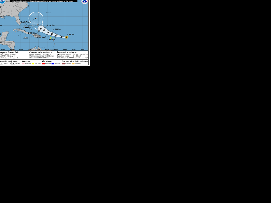 Erin mantiene vientos de 70 mph y podría convertirse en huracán esta noche