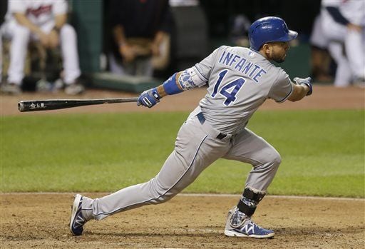 Kansas City Royals second baseman Omar Infante turns a double play