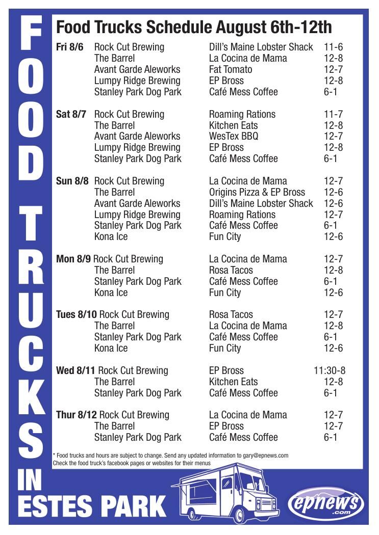 Food Truck Schedule, August 6, 2021