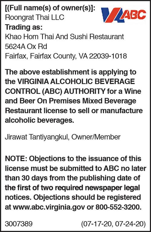 Abc Notice Roongrat Thai Llc Public Notices Fairfaxtimes Com