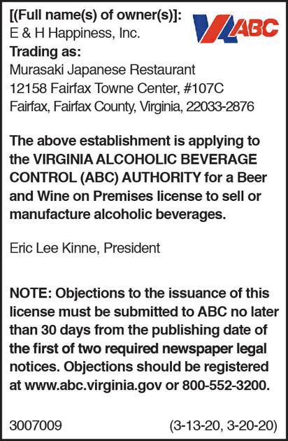 Abc Notice Murasaki Japanese Restaurant Public Notices Fairfaxtimes Com