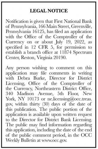 Legal Notice - First National Bank of Pennsylvania