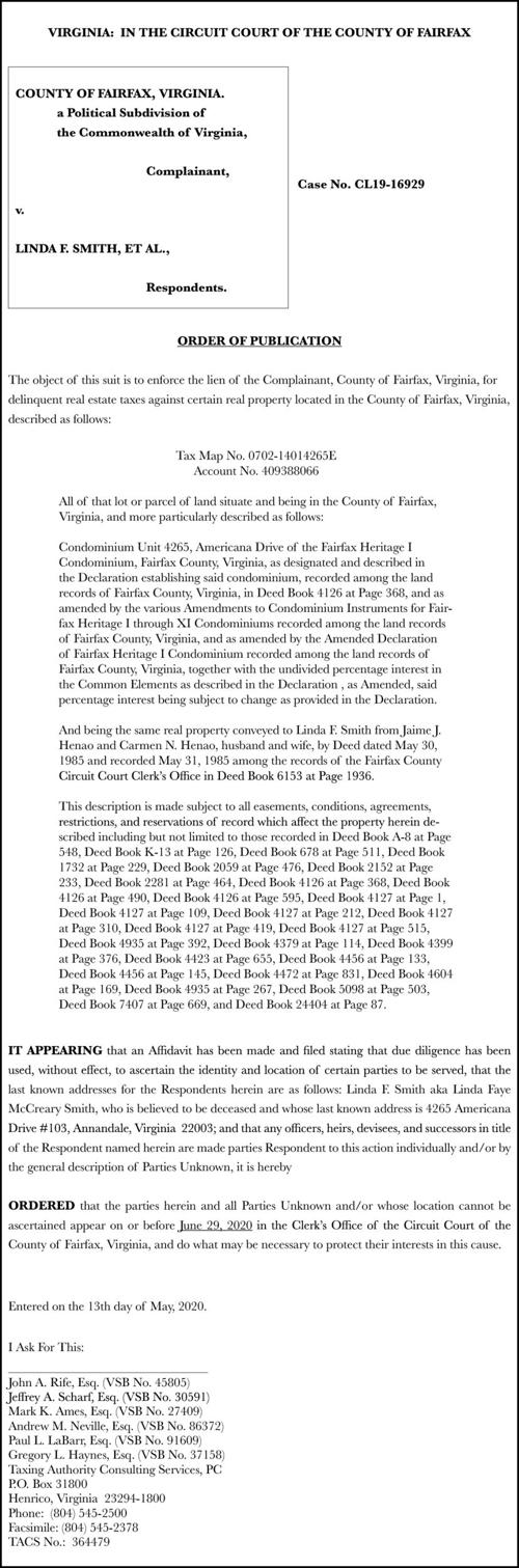 County Of Fairfax V Linda F Smith Et Al Public Notices Fairfaxtimes Com