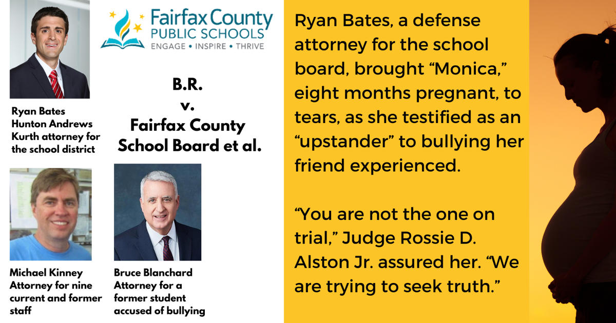 School board attorney brings a pregnant mother to tears as she testifies about her efforts to “get justice” for a friend facing a “toxic” school culture of bullying | Fairfax County School board attorney brings a pregnant mother to tears as she testifies about her efforts to “get justice” for a friend facing a “toxic” school culture of bullying | Fairfax County