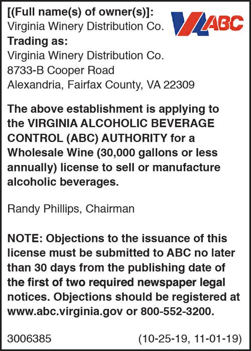 Abc Notice Virginia Winery Distribution Co Public Notices Fairfaxtimes Com