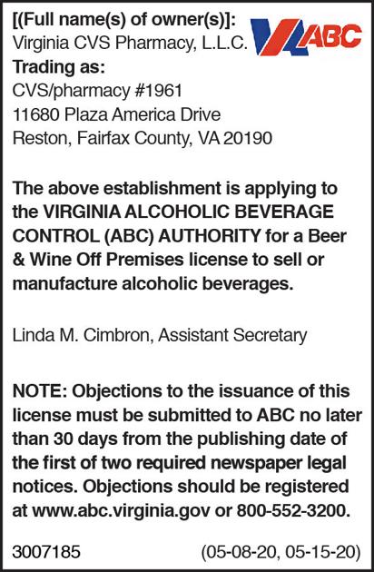 Abc Notice Virginia Cvs Pharmacy L L C Public Notices Fairfaxtimes Com