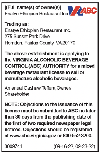 ABC Notice: Enayte Ethiopian Restaurant Inc