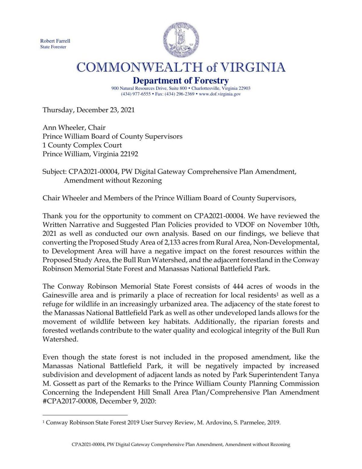 Letter from Virginia Department of Forestry about data center proposal