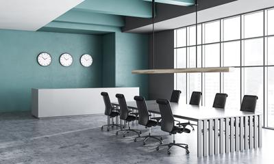 Interior Of Office Meeting Room With Dark Green And Gray Walls,