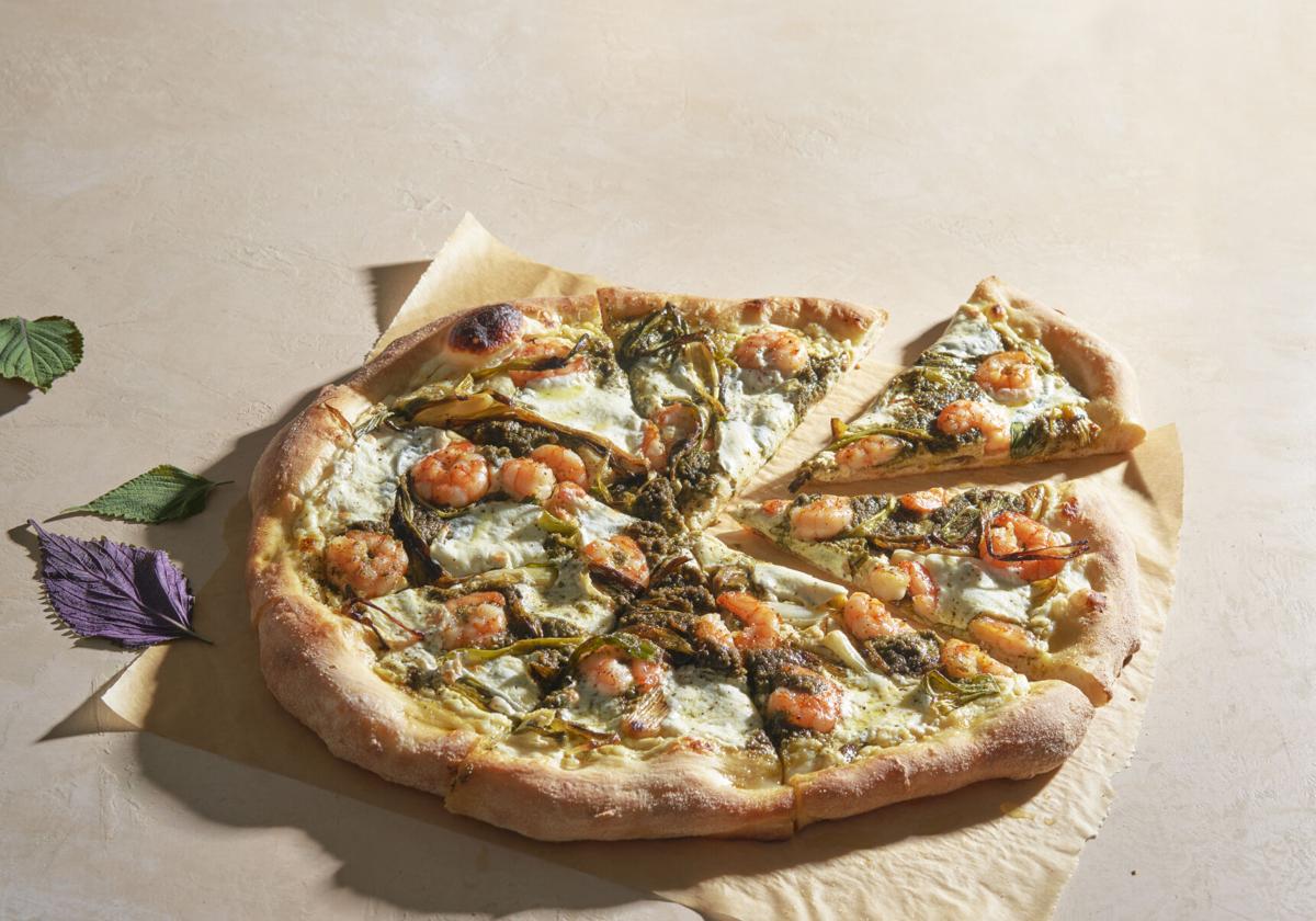 Shrimp and Charred Scallion Pizza with Shiso Leaf Pesto
