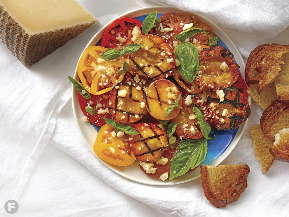 Grilled Peaches with Heirloom Tomatoes and Manchego