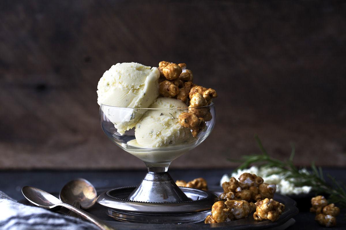 Nettle Ice Cream with RosemaryCaramel Popcorn