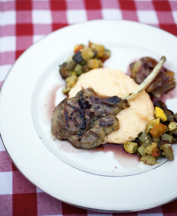 Duo of Pork FrenchCut Pork Chop and BeerBraised Pork Belly with Ratatouille, Cheddar Grits
