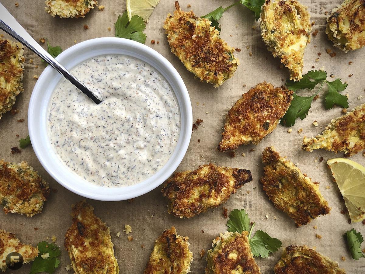 Oven-fried artichoke hearts with za’atar dipping sauce