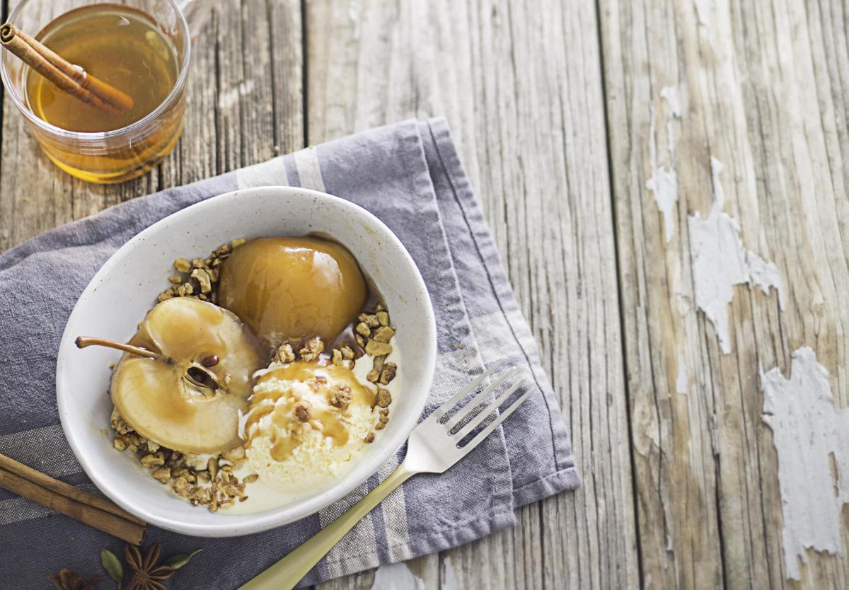 Poached Apples with Hot Buttered Rum Sauce