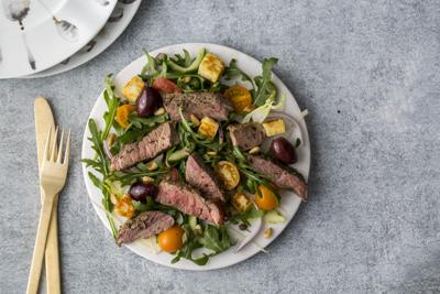 Greek Salad With Lamb Steaks And Herbed Yogurt Dressing