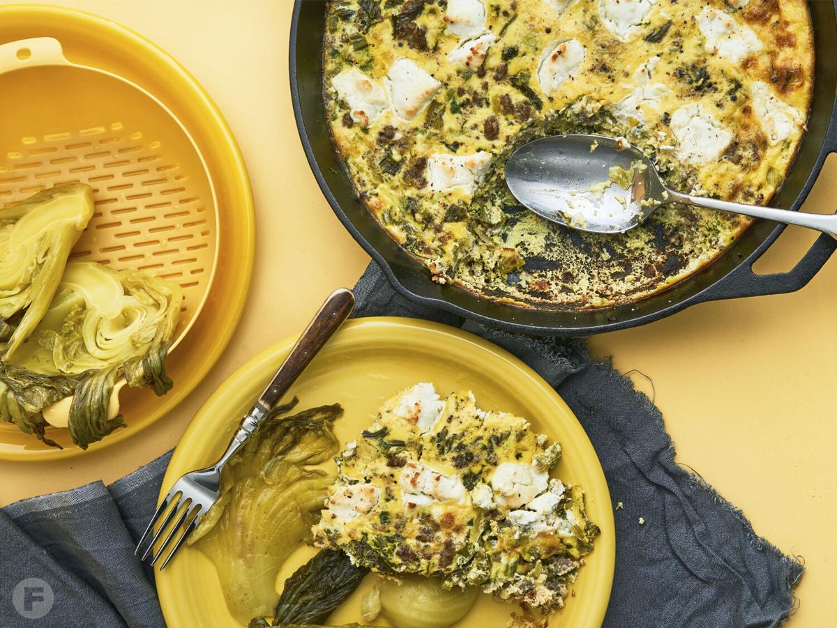 Frittata with Sausage, Goat Cheese & Pickled Mustard Greens