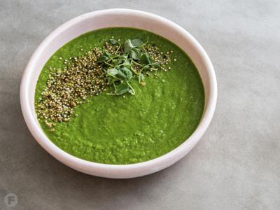 Spring Pea Soup with Dukkah and Pea Shoots