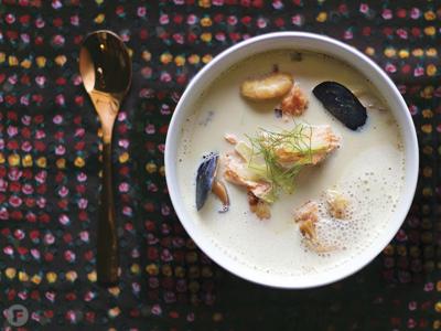 Norwegian Fish Soup with Mussels, Brandy and Riesling