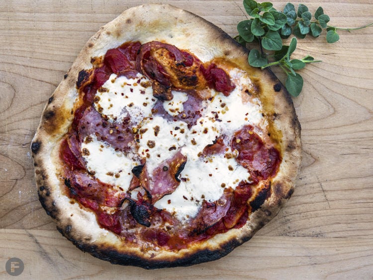 Wood-Fired Pizza With Burrata, Spicy Soppressata and Hot Honey