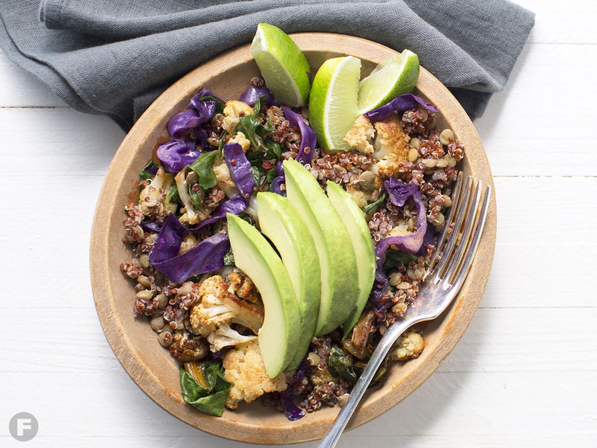 Lentil-Quinoa-Swiss Chard Salad With Avocado and Lime Vinaigrette
