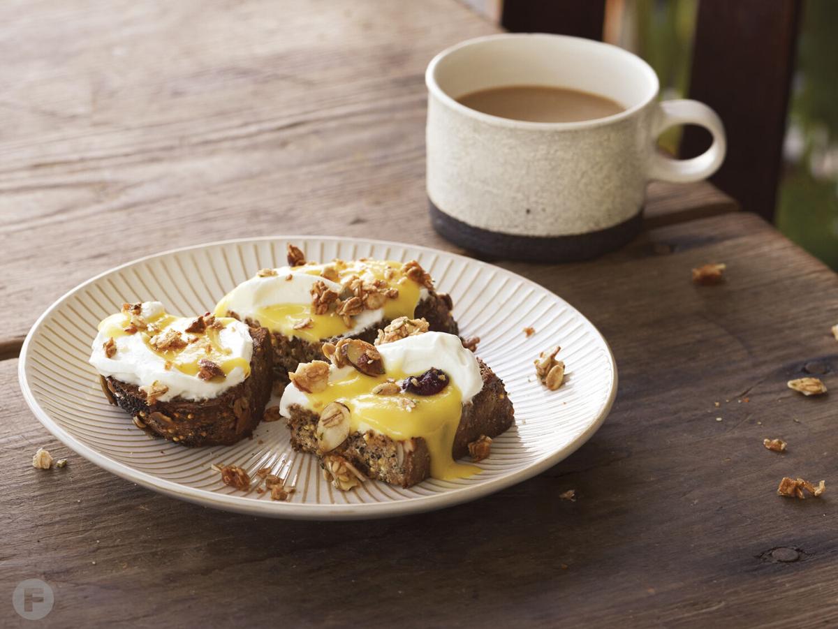 Breakfast Tartines with Cherimoya Curd and Almond-Rosemary Muesli Crumble