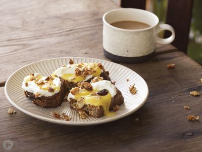 Breakfast Tartines with Cherimoya Curd and Almond-Rosemary Muesli Crumble
