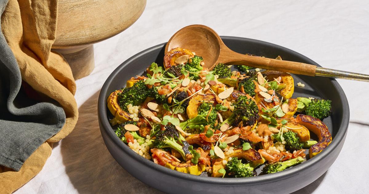 Squashed Order Broccoli & Delicata Squash with Kimchi-Almond Dressing