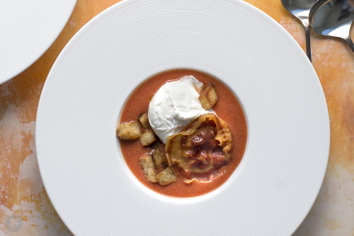 Tomato Soup With Poached Eggs, Pancetta and Croutons