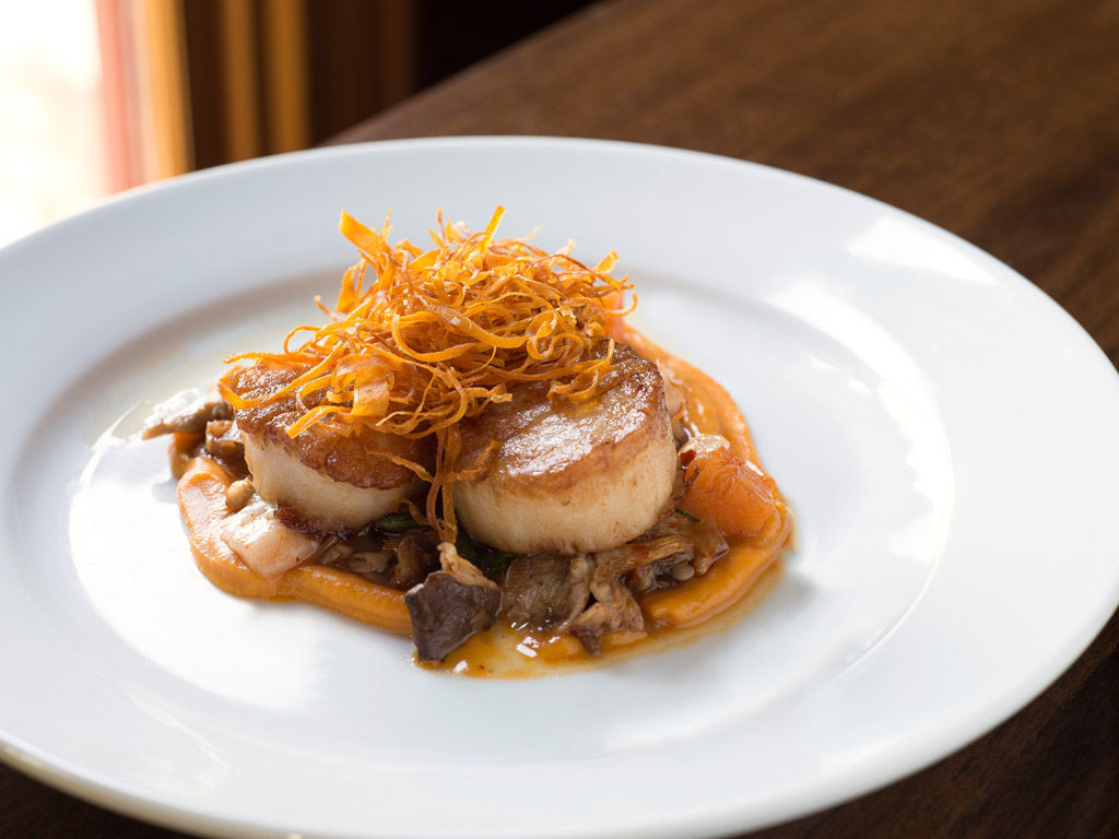 Seared Scallops With Chile Leek Jam And Mushrooms Recipe Recipes Feastmagazine Com