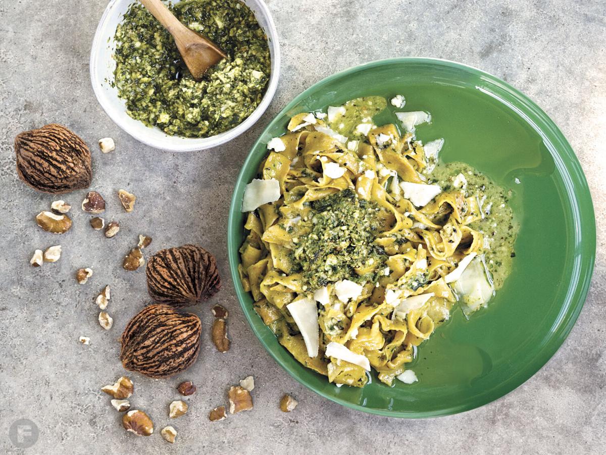 Carrot Pasta with Black Walnut Pesto