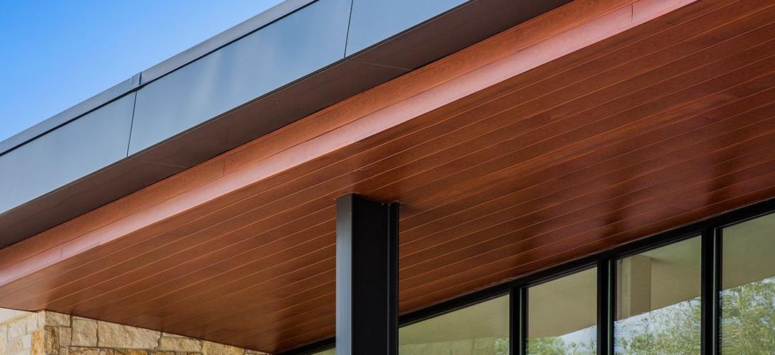 Enhancing Corporate Environments Incorporating Wood Soffits for a Natural Aesthetic