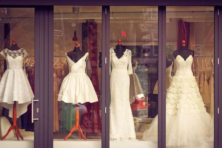 Wedding dresses displayed in a shop window