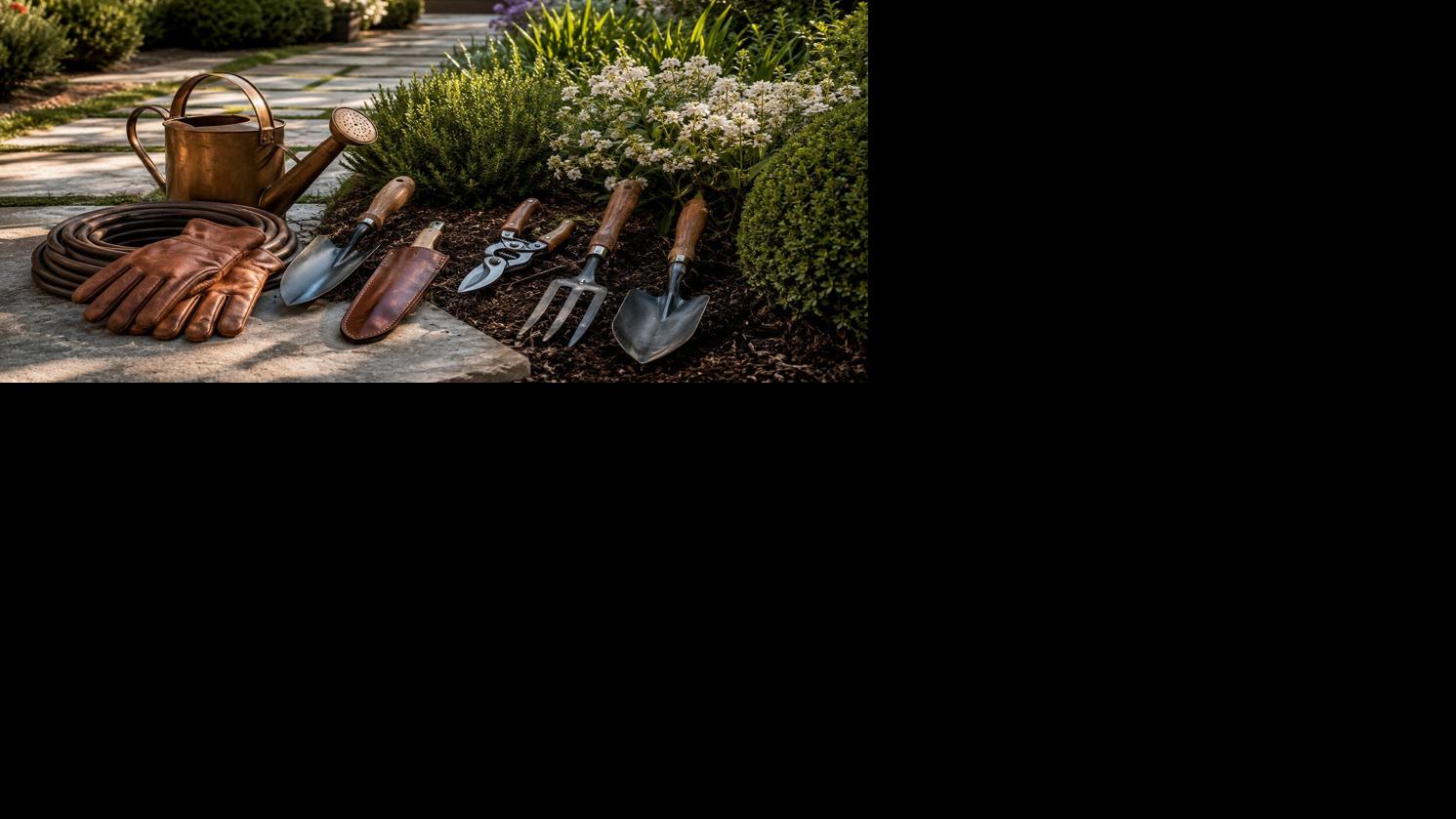 Essential garden tools arranged beside an elegant landscaped garden