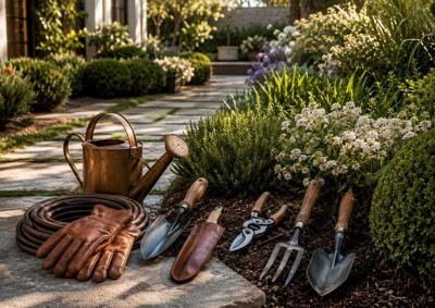 Essential garden tools arranged beside an elegant landscaped garden