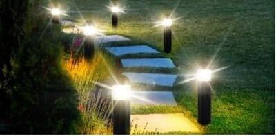 walkway lit up by LED bollards lights