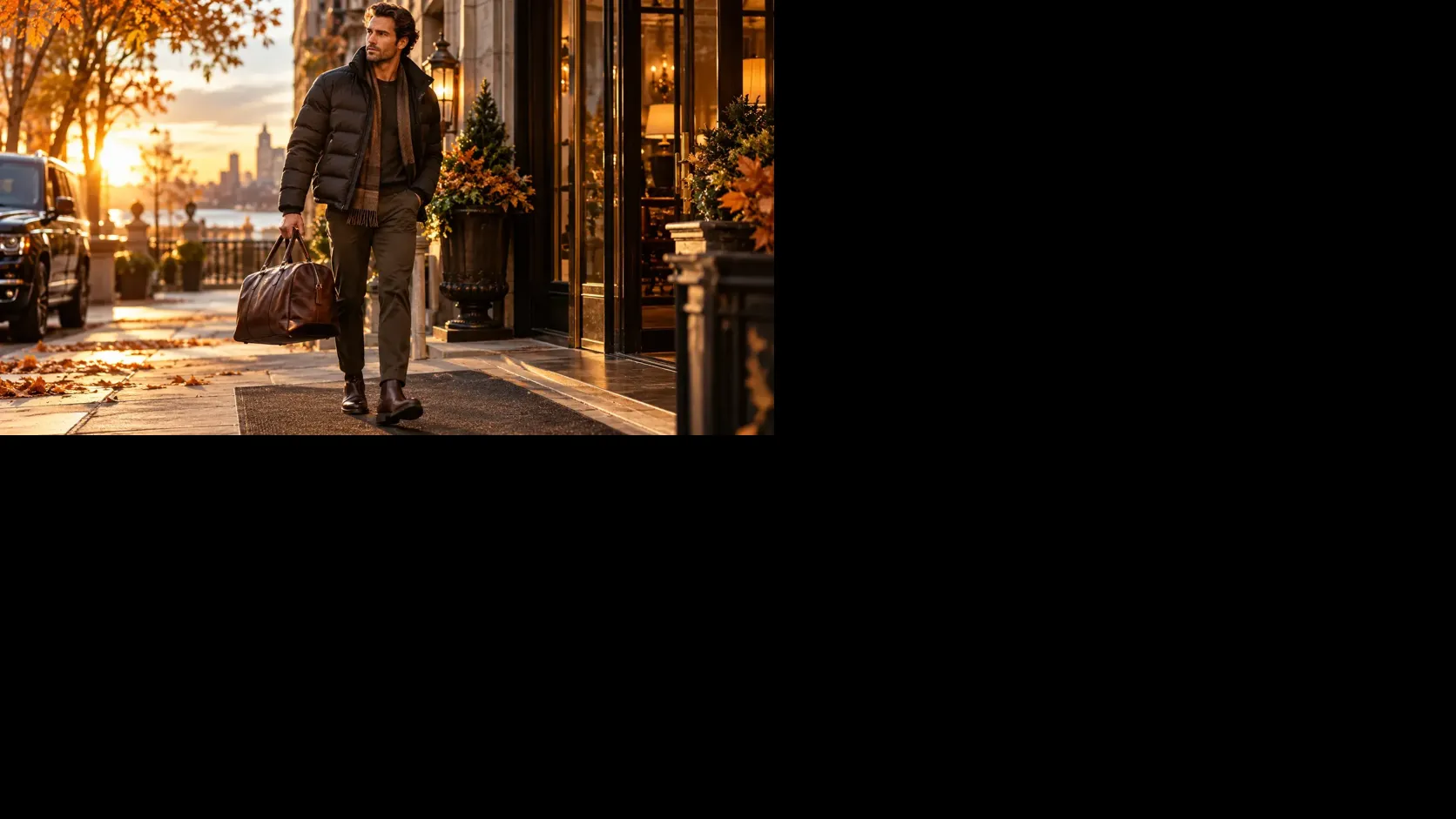 Stylish man in a dark puffer jacket carrying a leather weekender bag on a warm autumn city street.