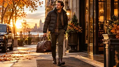 Stylish man in a dark puffer jacket carrying a leather weekender bag on a warm autumn city street.