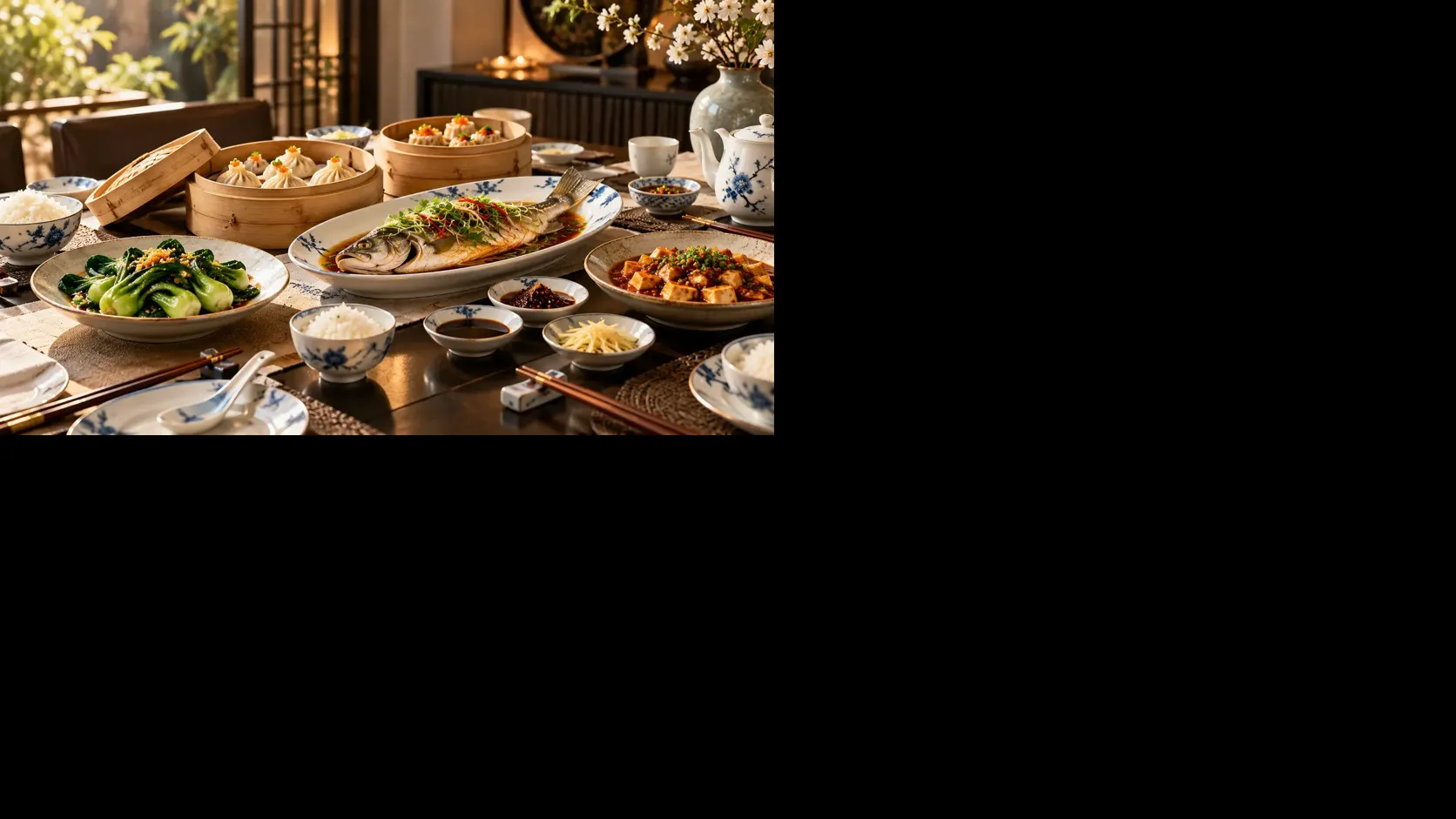 Beautifully arranged Chinese dinner featuring bamboo-steamed dumplings, stir-fried vegetables, and elegant porcelain serving dishes.