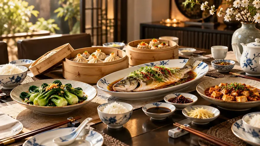 Beautifully arranged Chinese dinner featuring bamboo-steamed dumplings, stir-fried vegetables, and elegant porcelain serving dishes.