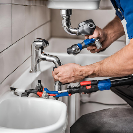 A plumber fixes the faucet of a sink