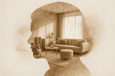 Double Exposure artwork of modern Maltese living room interior blended with Saharan dust, salt-spray residue, limestone textures, and humidity patterns highlighting seasonal cleaning services in Malta by Rozie.app