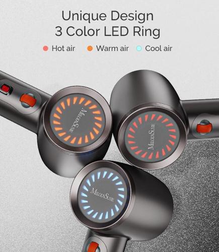 The MelodySusie hair dryer has 3 colored LED rings to indicate which temperature
