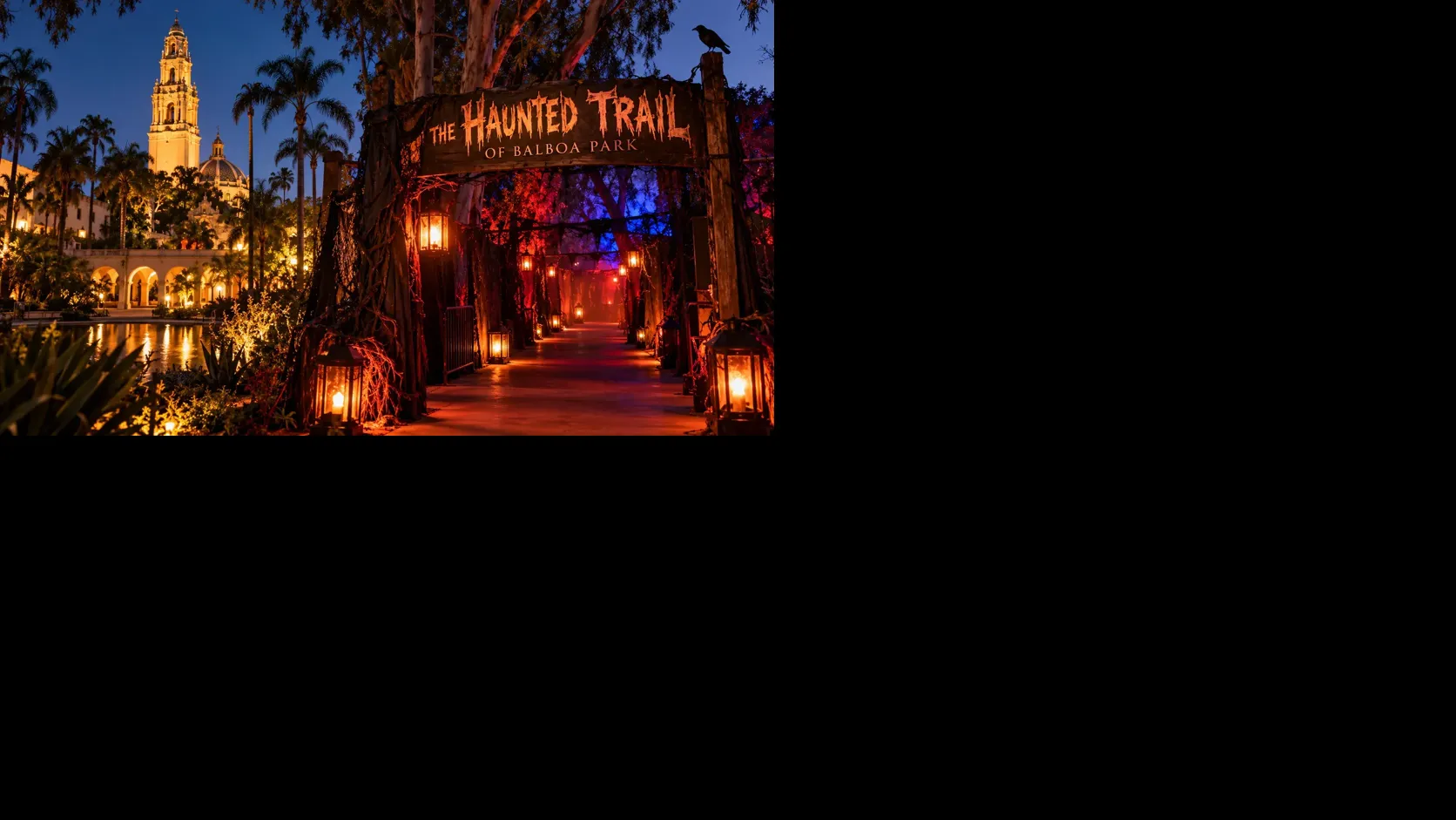 Halloween-themed illustration of Balboa Park in San Diego at night, featuring a haunted trail entrance, glowing lanterns and dramatic lighting.